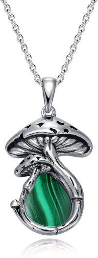 wholesale Sterling Silver Mushroom Necklace with Malachite Moss Agate Opal Moonstone Black Onyx Pendant Women s Jewelry Gift-Malachite Mushroom