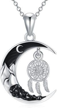 wholesale 925 Sterling Silver Crescent Moon Dreamcatcher Necklace with Black Crystal Tips and Feather Design Pendant for Women Girls Gifts-Dreamcatcher