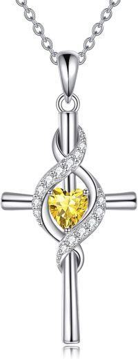wholesale 925 Sterling Silver Birthstone Cross Pendant Necklace for Women-November-Yellow