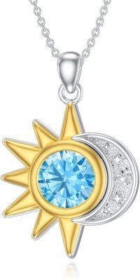 wholesale Silver Gold Sun and Moon Necklace with Stone Women s Gift-March(Aquamarine)