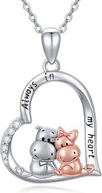 wholesale 925 Sterling Silver Heart-Shaped Hippo and Pig Pendant Necklace - Always in My Heart  for Women & Girls-Hippo
