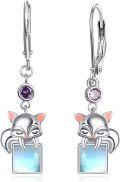 wholesale 925 Sterling Silver Raccoon Charm Drop Earrings with Purple Crystal and Blue Stone - Hypoallergenic Leverback Hooks for Women Girls-0-0