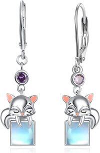 wholesale 925 Sterling Silver Raccoon Charm Drop Earrings with Purple Crystal and Blue Stone - Hypoallergenic Leverback Hooks for Women Girls-01-fox