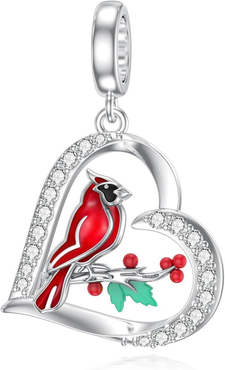 925 Sterling Silver Heart-Shaped Pendant with Red Cardinal and Berries Design for Bracelets or Necklaces-0-0