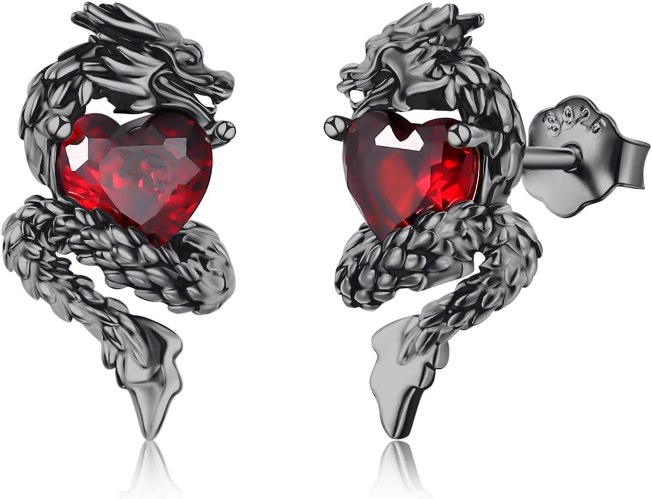 925 Sterling Silver Heart and Dragon Stud Earrings Gothic Style Red Gemstone Jewelry for Women Gifts 2 Pcs Set-0-0