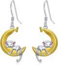 wholesale 925 Sterling Silver Moon Sleeping Cat Dangle Earrings-0-0
