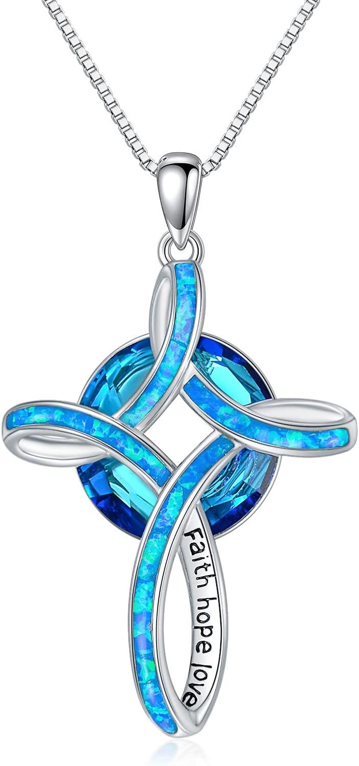 wholesale  Sterling Silver Blue White Opal Celtic Cross Necklace for Women -Blue opal celtic cross crystal necklace