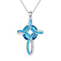 wholesale 925 Sterling Silver Turquoise and White Opal Celtic Cross Pendant Necklace for Women-Blue opal celtic cross crystal necklace
