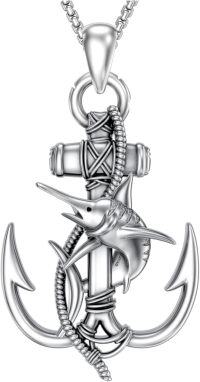 wholesale 925 Sterling Silver Swordfish and Anchor Pendant Necklace with Compass Design-Anchor Swordfish Necklace