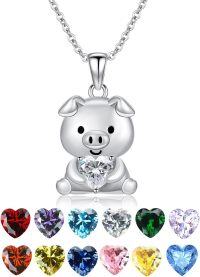 wholesale Sterling Silver 12 Month Birthstones Animals Necklace for Women Daughter (Axolotl Cow Pig Cat) Birthday Christmas Graduation Gift-03-01-Pig-Custom-03-01-Pig-Custom