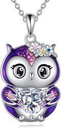 wholesale 925 Sterling Silver Owl Pendant with Purple Enamel and Cubic Zirconia Heart Gemstone - Gothic Style Statement Necklace for Women & Girls-0-0