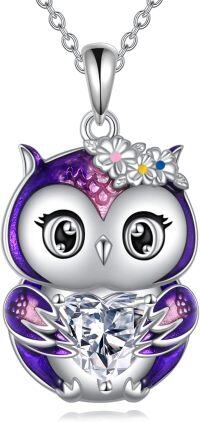 wholesale 925 Sterling Silver Owl Pendant with Purple Enamel and Cubic Zirconia Heart Gemstone - Gothic Style Statement Necklace for Women & Girls-Owl