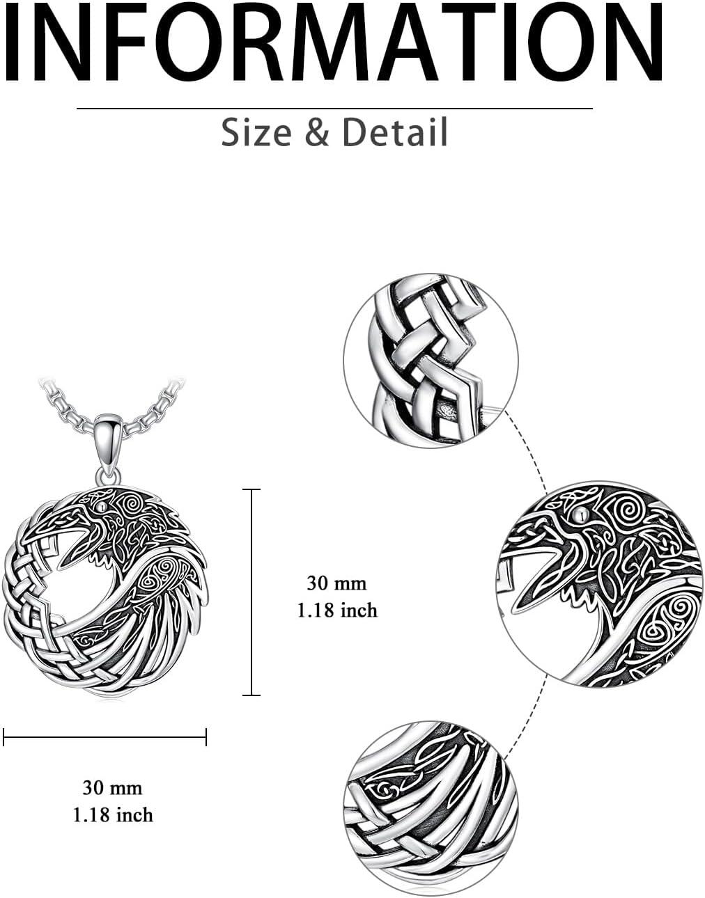 wholesale 925 Sterling Silver Raven Pendant Viking Necklace Norse Jewelry for Men with Stainless Steel Chain-0-3