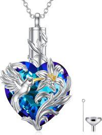 wholesale 925 Sterling Silver Heart Lily & Hummingbird Cremation Jewelry Urn Pendant Necklace with Funnel and Fill Kit-Blue