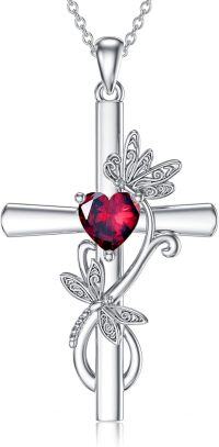 wholesale Sterling Silver Birthstone Dragonfly Cross Pendant Necklace for Women-07-July