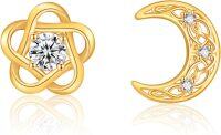 wholesale 14K Gold Moon Stud Earrings with Cubic Zirconia for Women-Moon and Star Earings