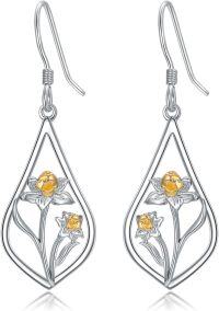 wholesale Sterling Silver Carnation Violet Daffodil Daisy Lily Rose Lotus Poppy Marigold Holly Birth Flower Earrings-03-March-Daffodil