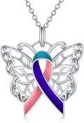 wholesale Sterling Silver Pink-Blue-Purple Ribbon Thyroid Cancer Awareness Necklace with Hypoallergenic Stone, 18 Chain, Gift Box-0-0