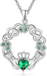 wholesale 925 Sterling Silver Claddagh Necklace for Women Clover Shamrock Celtic Knot Irish Luck Pendant Birthstone Jewelry Scottish Gift Made in Ireland-Silver Green May