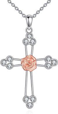 wholesale 925 Sterling Silver Rose Flower Cross Pendant Necklace Jewelry for Women and Girls-A.Flower.Cross