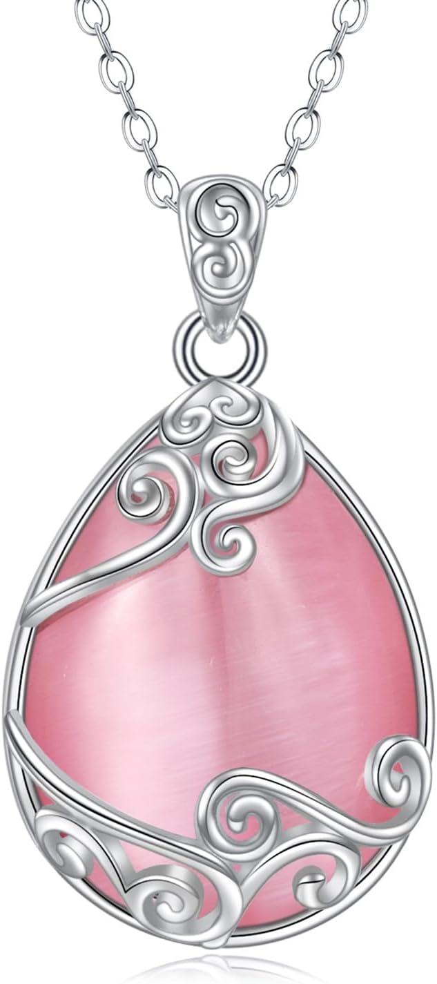 Sterling Silver Moonstone Filigree Teardrop Pendant Necklace for Women-T-Pink Opal teardrop necklace