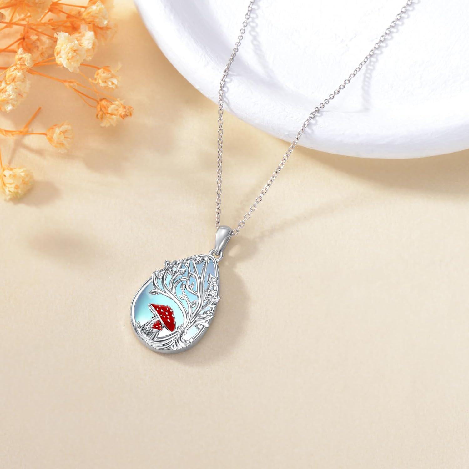 wholesale 925 Sterling Silver Red Enamel Mushroom Tree of Life Pendant Necklace for Women-0-4