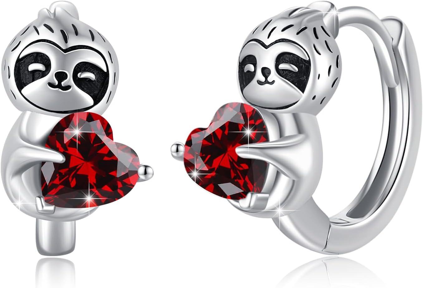 Sterling Silver Hypoallergenic Sloth Hoop Earrings for Women Girls Teens-Red