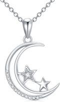 wholesale 925 Sterling Silver Crescent Moon & Stars with Diamonds Pendant Necklace for Women-0-0