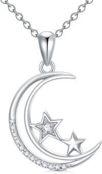 wholesale 925 Sterling Silver Crescent Moon & Stars with Diamonds Pendant Necklace for Women-Style 1