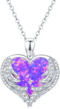 wholesale 925 Sterling Silver Purple Fire Opal Heart with Wings Pendant Necklace - Dainty s for Her-Violet Opal Wings