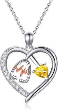 wholesale Sterling Silver Gemstone Heart Stethoscope Pendant Necklace for Women-A11:November-Citrine