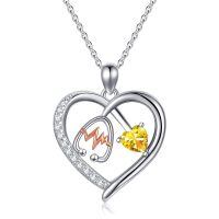 wholesale 925 Sterling Silver Gemstone Heart Stethoscope Pendant Necklace for Women-A11:November-Citrine