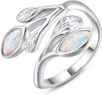 wholesale Sterling Silver Leaf Ring with Birthstone Adjustable Wrap Promise Engagement Wedding Rings for Women-White Opal Leaf