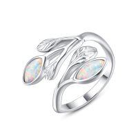 wholesale 925 Sterling Silver Leaf Ring with Birthstone Adjustable Wrap Promise Engagement Wedding Rings for Women-White Opal Leaf