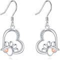 wholesale 925 Sterling Silver Heart-Shaped Paw Print and Rose Gold Love Charm Dangle Earrings for Cat Lovers-0-0