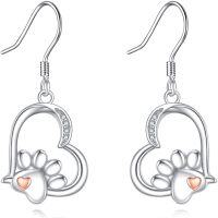 wholesale 925 Sterling Silver Heart-Shaped Paw Print and Rose Gold Love Charm Dangle Earrings for Cat Lovers-Paw Print Earring