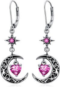 wholesale Sterling Silver Moon Star Birthstone Dangle Earrings-10-Oct-Pink