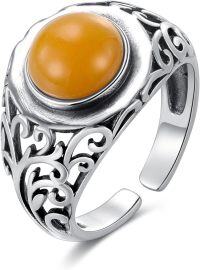 wholesale 925 Sterling Silver Amber Adjustable Rings for Women Vintage Gift-style 1