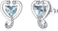 wholesale 925 Sterling Silver 12 Months Birthstone Stethoscope Heart Stud Earrings for Women-Light Blue