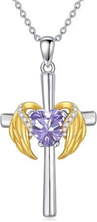 wholesale  Metal Cubic Zirconia Angel Wing Cross Necklace with Heart Birthstone 0 06cttw -06.Alexandrite-Jun