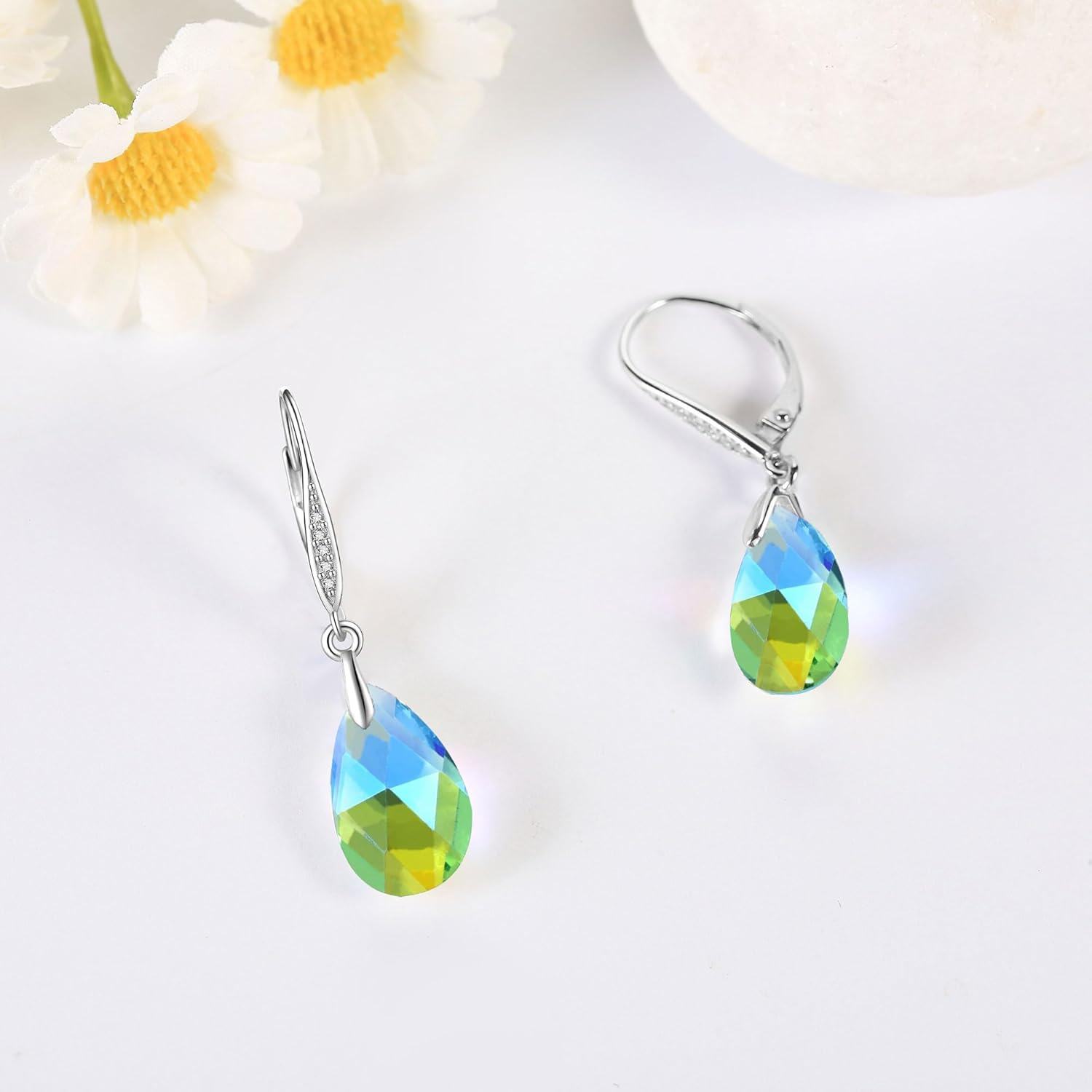 925 Sterling Silver Teardrop Austrian Crystal Light Blue Purple Aurora Borealis Drop Dangle Earrings-0-2