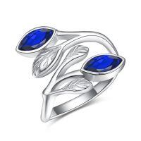 wholesale 925 Sterling Silver Leaf Ring with Birthstone Adjustable Wrap Promise Engagement Wedding Rings for Women-Blue Sapphire