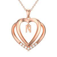 wholesale 925 Sterling Silver Moissanite Heart Initial Pendant Necklace for Her-Rose Gold - N Initial
