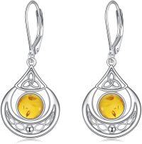 wholesale 925 Sterling Silver Triquetra Celtic Knot Baltic Amber Leverback Drop Earrings-Amber