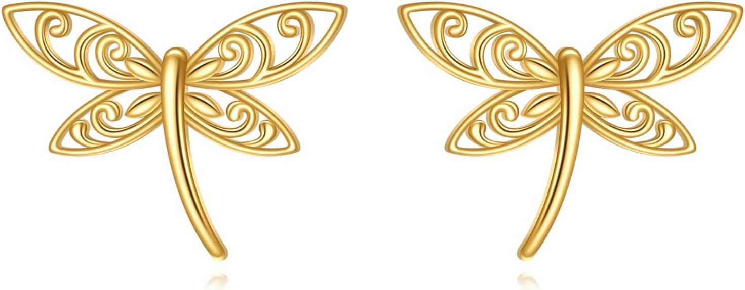  14K Yellow Gold Animal Stud Earrings with Cute Insect Design for Women -Dragonfly