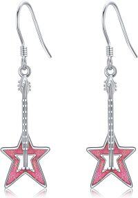 wholesale 925 Sterling Silver Pink Glitter Guitar & Star Drop Earrings for Women GirlsCowboy Western  4cm Long-Guitar