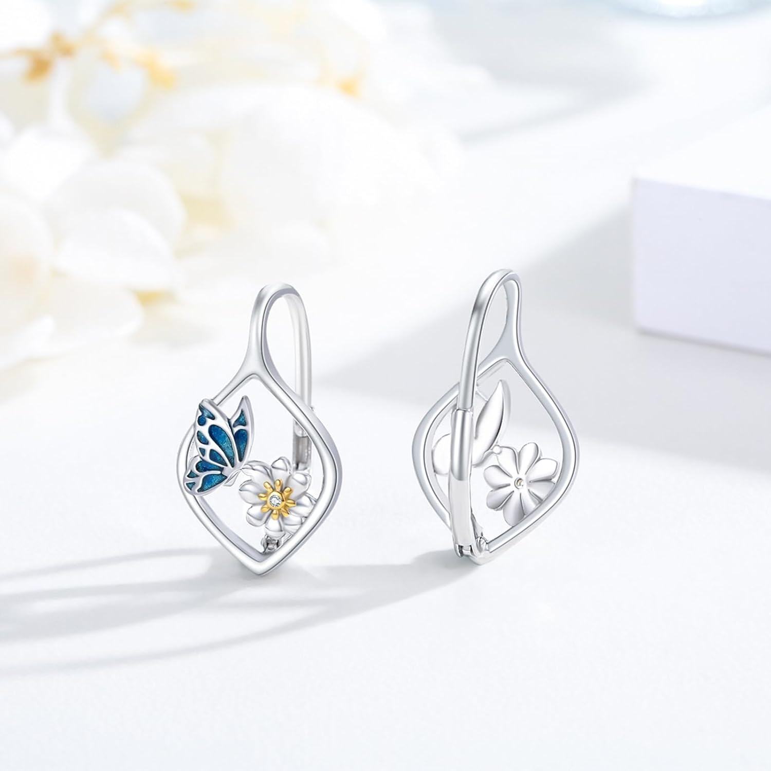 925 Sterling Silver Butterfly Flower Leverback Hoop Earrings with Enamel and Cubic Zirconia-0-1