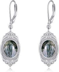 wholesale  Sterling Silver Pink Cat Eye Onyx Moss Agate Peridot Moonstone Lapis Lazuli Dangle Earrings -Moss Agate Earrings