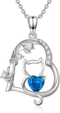 wholesale 925 Sterling Silver Blue Heart Cat Pendant Necklace with Cubic Zirconia Stones Gifts for Women-03-Heart-Cat