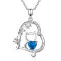 wholesale 925 Sterling Silver Blue Heart Cat Pendant Necklace with Cubic Zirconia Stones Gifts for Women-0-0